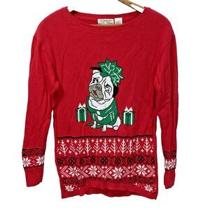 ISABELLAS CLOSET Sweater Christmas Pug Dog Graphic 100% Cotton Womens S Red